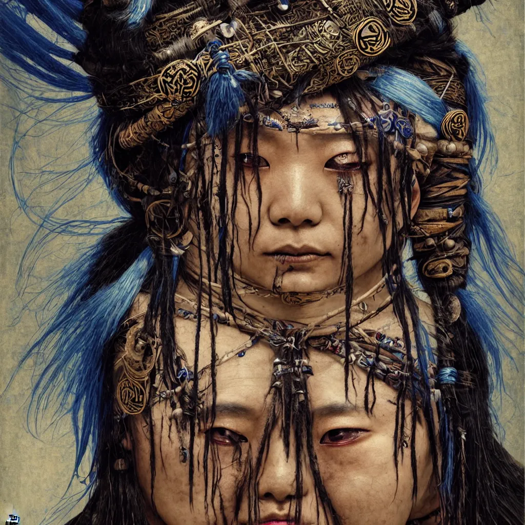 Image similar to A young blindfolded shaman japanese woman with a decorated headband performing a pagan ritual, in the style of heilung, blue hair dreadlocks and wood on her head, tribal piercing and tatoos , atmospheric lighting, intricate detail, cgsociety, ambient light, dynamic lighting, art by karol bak