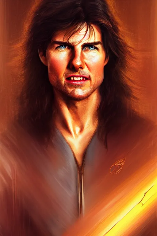 Image similar to Portrait of a tom cruise as a swordsman with long hair, elegant, photorealistic, highly detailed, artstation, smooth, sharp focus, gold ornaments, neon lighting, sci-fi, art by Klimt