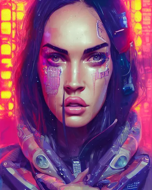 Image similar to detailed portrait Megan Fox Neon Operator Girl, cyberpunk futuristic neon, reflective puffy coat, decorated with traditional Japanese ornaments by Ismail inceoglu dragan bibin hans thoma greg rutkowski Alexandros Pyromallis Nekro Rene Maritte Illustrated, Perfect face, fine details, realistic shaded, fine-face, pretty face