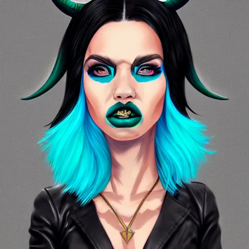 Image similar to illustrated realistic portrait of ram-horned devil woman with blue bob hairstyle and her tan colored skin and with solid black eyes wearing leather by rossdraws