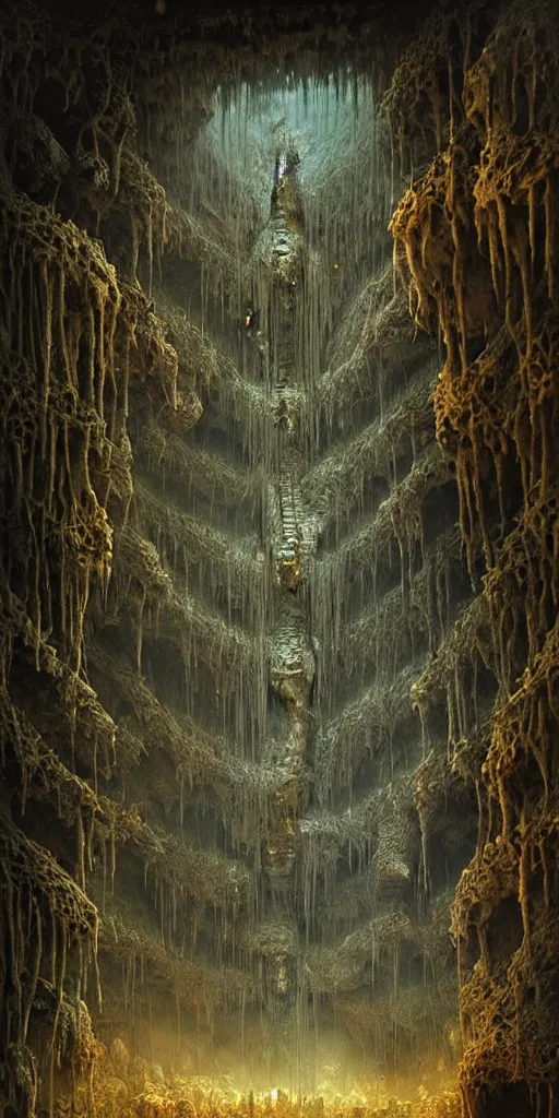 Image similar to a dungeons and dragons party inside an enormous cavern of skulls, by zdzislaw beksinski, by gustave dore, by peter mohrbacher, horror, dystopian architecture, biomorphic, lovecraftian, amazing details, vivid colors, detailed, epic, waterfall