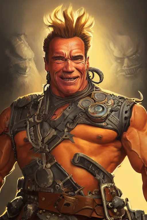 Image similar to portrait of arnold schwarzenegger as junkrat from overwatch, full body, fantasy, intricate, elegant, highly detailed, digital painting, artstation, concept art, sharp focus, illustration, art by artgerm and greg rutkowski and alphonse mucha