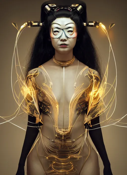 Prompt: portrait of a sensual futuristic geisha cyborg, kintsugi, modern fine art, fractal, glowing calligraphy, intricate ornaments, elegant, highly detailed, digital photography, subsurface scattering, by jheronimus bosch and greg rutkowski,