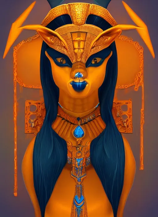 Prompt: Detailed symmetrical digital painting of Female Anubis wearing Golden accessories. dark blue and light orange palette, trending on Artstation