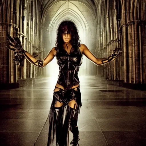 Image similar to michelle rodriguez as a female demon in a gloomy gothic cathedral at night