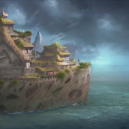 Image similar to beautiful matte painting of floating fort, mai anh tran,