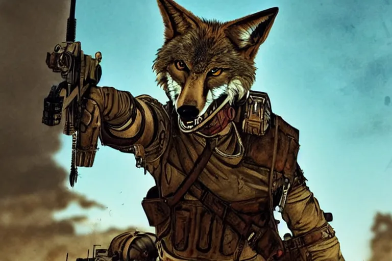 Image similar to a good ol'coyote fursona ( from the furry fandom ), heavily armed and armored facing down armageddon in a dark and gritty version from the makers of mad max : fury road. witness me.