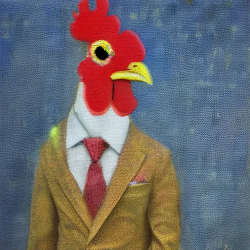 Image similar to a high quality photo of a chicken wearing a suit, impressionism, 8 k