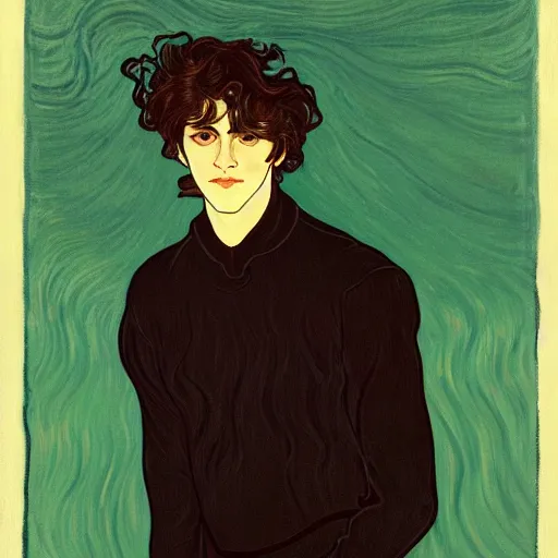 Image similar to painting of young cute handsome beautiful dark medium wavy hair man in his 2 0 s named shadow taehyung at the halloween pumpkin matcha party, straight nose, depressed, melancholy, autumn, elegant, clear, painting, stylized, delicate, soft facial features, delicate facial features, soft art, art by alphonse mucha, vincent van gogh, egon schiele