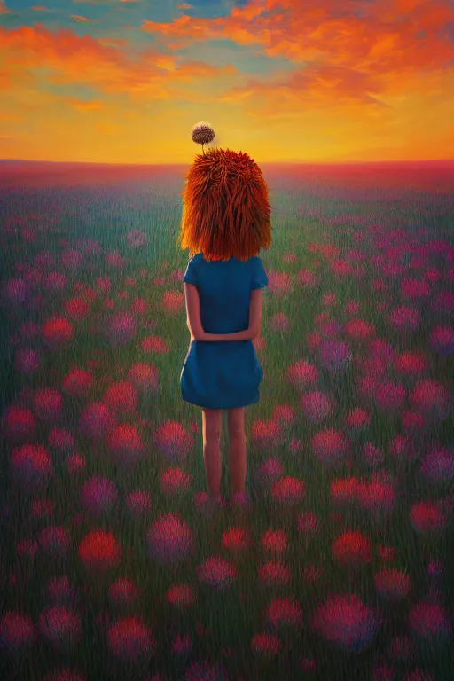 Prompt: portrait, huge thistle flower under head, a girl in a suit in field of flowers, surreal photography, sunrise, blue sky, dramatic light, impressionist painting, digital painting, artstation, simon stalenhag