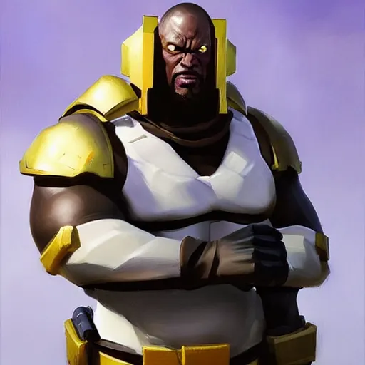 Image similar to greg manchess portrait painting of fully armored the foundation aka dwayne the rock from fortnite as overwatch character, medium shot, asymmetrical, profile picture, organic painting, sunny day, matte painting, bold shapes, hard edges, street art, trending on artstation, by huang guangjian, gil elvgren, ruan jia, greg rutkowski, gaston bussiere