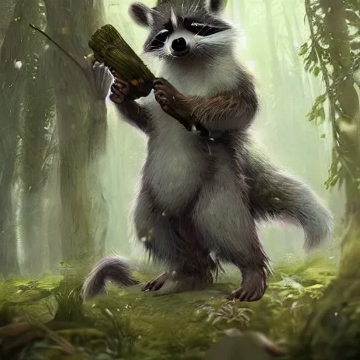 Prompt: magical raccoon druid in the forest, fantasy setting, Greg Rutkowski, trending on artstation, hyper detailed,