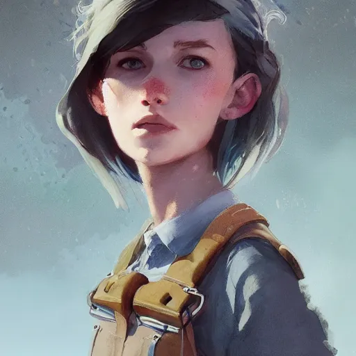 Prompt: portrait, Female adventurer, soft eyes and narrow chin, dainty figure, single strap paint covered overalls, short shorts, combat boots, raining, basic white background, style of by Jordan Grimmer and greg rutkowski, crisp lines and color,