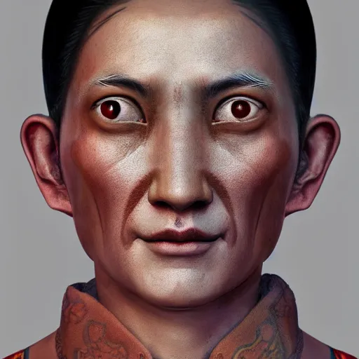 Prompt: centered detailed portrait and body of a tibetan saint, realistic character concept, identical eyes, gazing eyes, elegant pose, fantasy, illustration, slender symmetrical face and body, artstation, cinematic lighting, hyperdetailed, cgsociety, 8 k, tom richmond, single face, octane render, golden ratio, postprocessing, cartoon