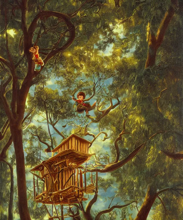 Image similar to masterful oil on canvas painting, eye - level view, shot from 5 0 feet distance, of a kid playing in a treehouse. in the background is a whimsical sparse forest. golden hour, detailed, depth, volume, chiaroscuro, quiet intensity, vivid color palette. by tex avery and gerald brom