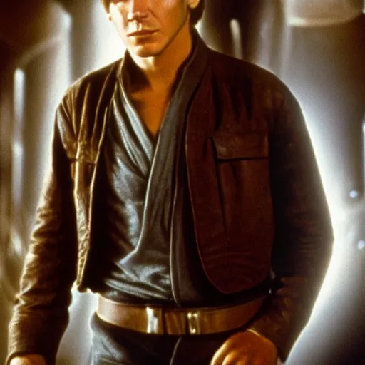 Prompt: film still of teenage harrison ford in new star wars movie, dramatic lighting, highly detailed face, kodak film, wide angle shot,