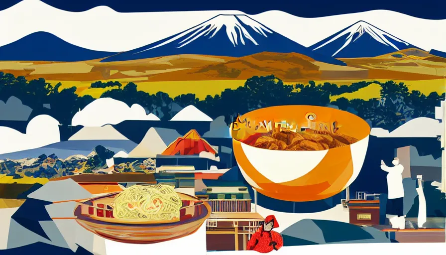 Prompt: award winning graphic design poster, stock photo cutouts constructing an contemporary art depicting a colossal ramen bowl in the foreground, rural splendor and a mountain range isolated on white, a single Mount Fuji in the distant horizon, ramen bowl containing bountiful crafts, local foods, in the style of edgy and eccentric abstract cubist realism, items composition confined and isolated on white, mixed media painting by Leslie David and Lisa Frank for juxtapose magazine