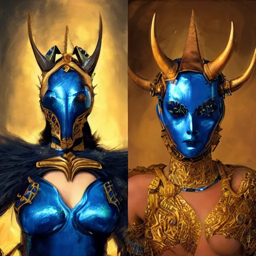 Prompt: painting of a woman in elaborate blue and gold armor with spiked horns on her helmet, painting by Charlie Bowater and WLOP