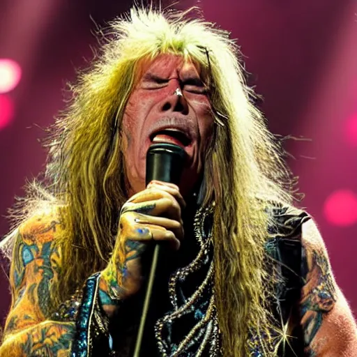 Prompt: 1000 year old steve tyler singing on stage as his skin falls off