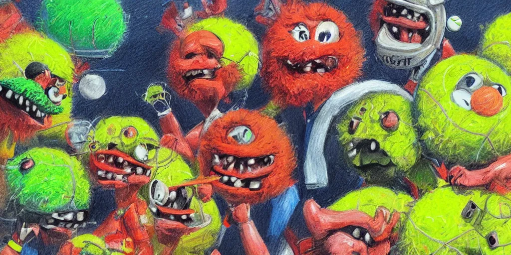 Image similar to tennis ball monsters, tennis match, tennis court, spectators, stadium, digital art, fantasy, magic, chalk, chalked, trending on artstation, ultra detailed, detailed, fine details, professional illustration by basil gogos