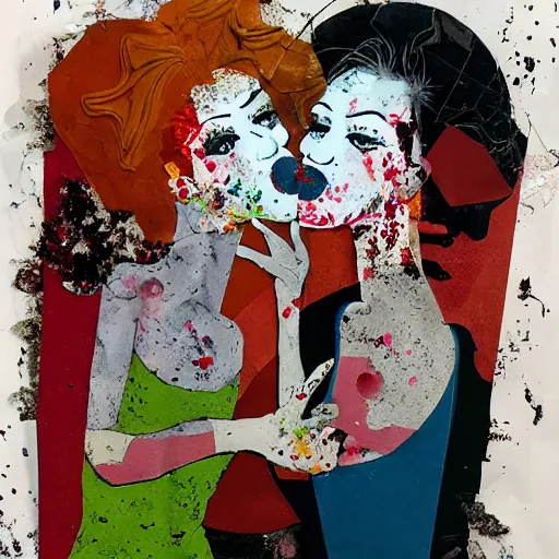 Prompt: two vampire women kissing at a carnival, mixed media collage, retro, paper collage, magazine collage, acrylic paint splatters, bauhaus, abstract claymation, layered paper art, sapphic visual poetry expressing the utmost of desires by jackson pollock