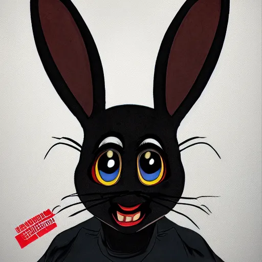 Image similar to A extremely highly detailed majestic hi-res beautiful, highly detailed head and shoulders portrait of a scary terrifying, horrifying, creepy black cartoon rabbit with scary big eyes, earing a shirt laughing, lets be friends, in the style of Walt Disney