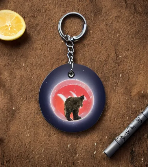 Image similar to realistic keychain of a bear eating a salmon under the northern lights