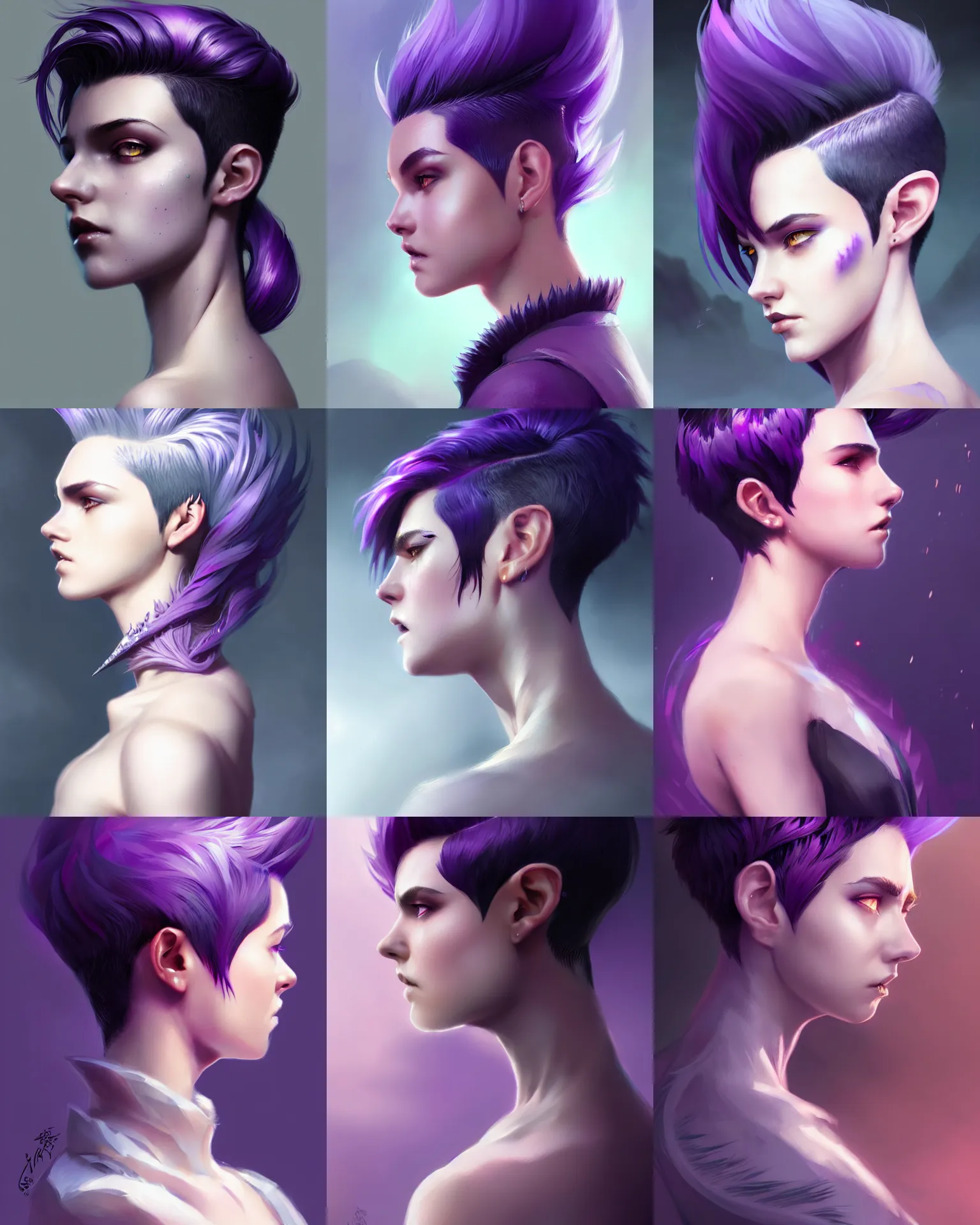 Prompt: Side Portrait of attractive magic young adult female, pixie undercut hairstyle, black to purple fade hairstyle, thick dragon scales peak through hair, rim light, digital painting, sketchy concept art, sharp focus, illustration, art by WLOP and greg rutkowski