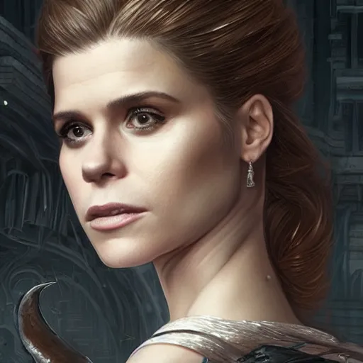 Image similar to a portrait of kate mara as a sorceress, urban motifs, intricate, elegant, highly detailed, digital painting, trending on artstation, concept art, smooth sharp focus, illustration, art by artgerm and greg rutkowski