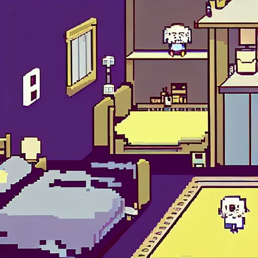 Image similar to rpg maker style bedroom, warm yellow lighting, omori, corpse party, to the moon, pokemon