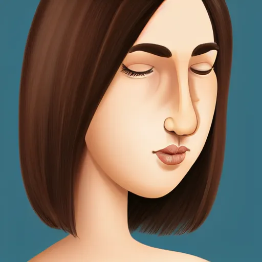 Image similar to chubby brunette woman with straight hair in a short bob, round face, romanian heritage, brown eyes, olive skin, bulbous nose, big chin, wide face, no bangs, digital art, cartoon, cute, 8k, illustration, trending on artstation, medium shot, head shot