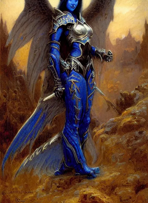 Image similar to angel knight gothic girl in dark and blue dragon armor. by gaston bussiere