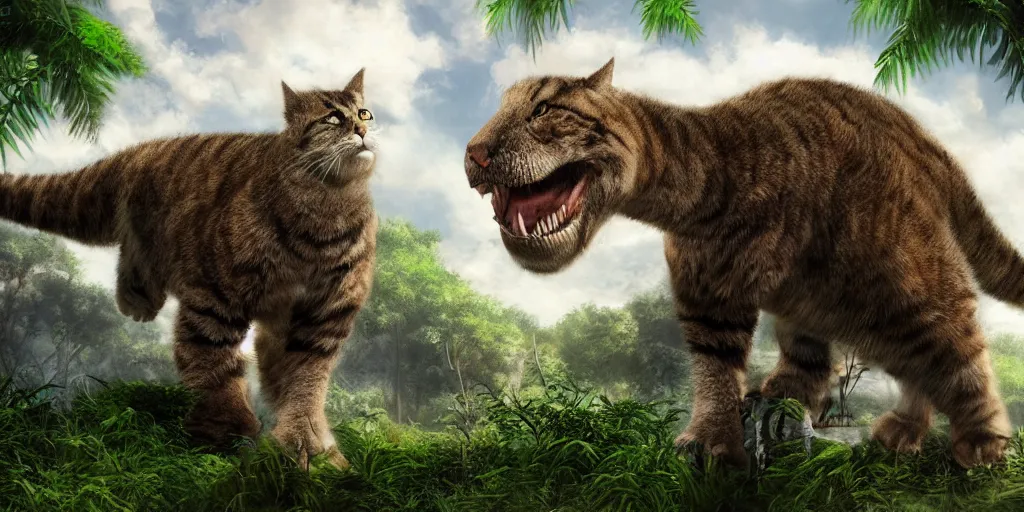 Prompt: photo realism, cat sitting on very fluffy tyrannosaurus rex, jungle background, 4 k, detailed