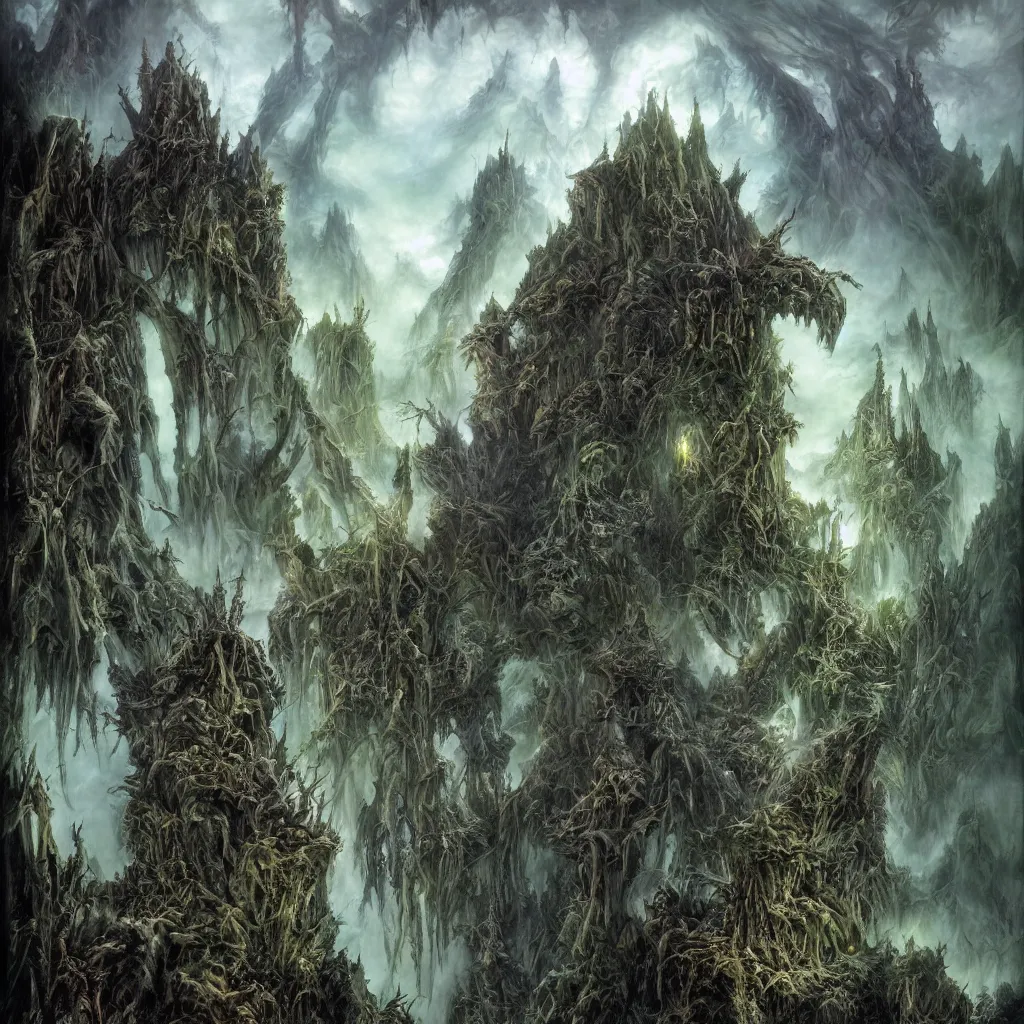 Prompt: cursed evil mountains of malevolence, upward cinematic angle, by rodney matthews, michael kaluta and bill sienkiewicz, ghostly darkness, thick lush woodland atmosphere, stunning composition, roaring monster faces, intricate, elegant, digital art, hyperdetailed, colorful hyperrealism, brilliant photorealism, horror masterpiece, 4k