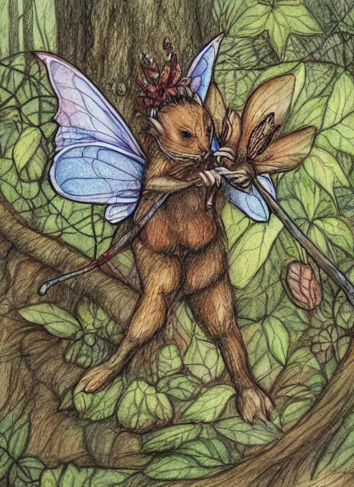 Prompt: detailed coloured pencil drawing of a faerie riding a dormouse in a forest glade, transparent wings, d & d, highly detailed, concept art, dramatic lighting