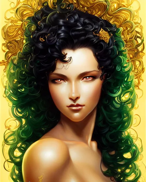 Prompt: portrait of a beautiful goddess with curly black hair and green eyes, crystalline gemstones and golden luxe, radiant halo of light, gilding, jesper ejsing, artgerm, photorealism, artstation