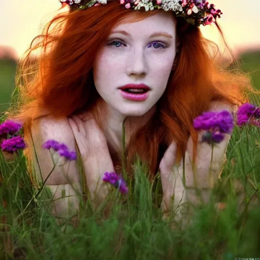 Prompt: Fine art photo of the most beautiful woman, she is redhead, she is posing while maintain a sweet eye contact to the camera, she has a crown of flowers, she has perfect white teeths, she is sitting on a field of lavader, she is getting ulluminated by the rays of the sunset, the photo was taking by Annie Leibovitz, Ellie Victoria Gale, Steve McCurry, matte painting, oil painting, naturalism, 4k, 8k