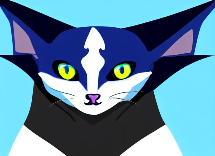 Image similar to a blue - and - black male catbat fursona with blue / green heterochromatic eyes ( differently - colored eyes, one eye green, one eye blue ) and huge bat ears, photo of the catbat streaming on his computer