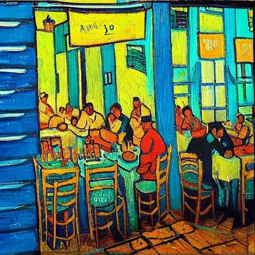 Image similar to “a sunlit cafe in Tel Aviv, busy, happy, in the style of Vincent Van Gogh”