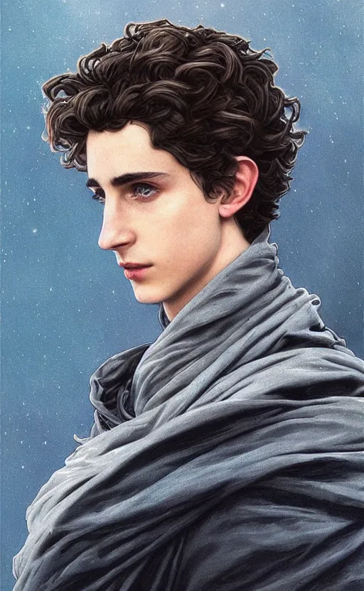 Image similar to beautiful paul atreides timothee chalamet with a three day beard, emperor of the known universe, completely blue eyes, perfect dramatic and dark portrait insanely detailed, concept art, deep focus, intricate, highly detailed, digital painting, artstation, matte, sharp focus, illustration, art by greg rutkowski and alphonse mucha, low angle, dominant eye