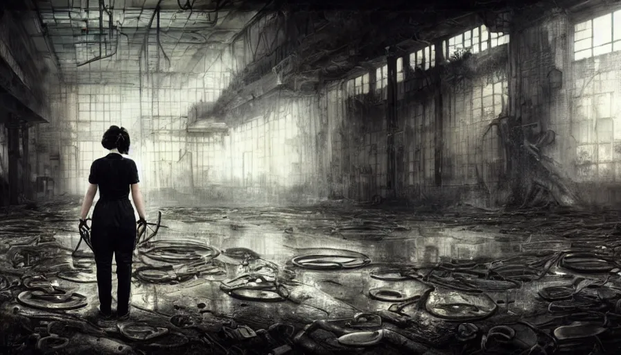 Image similar to dark moody photo of a female mechanic standing on a derelict factory floor with old rusting machinery, elegant, highly detailed, smooth, sharp focus, illustration, beautiful, geometric, art by Tom Bagshaw