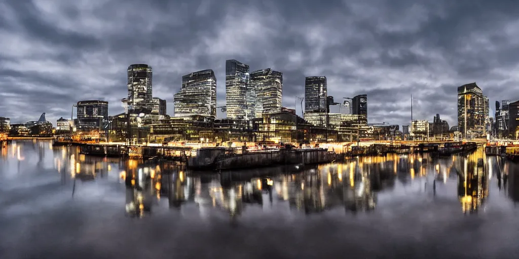 Image similar to docklands in london, night, dimly lit cirrus clouds, long exposure, architecture photography, no hdr, ultrawide image