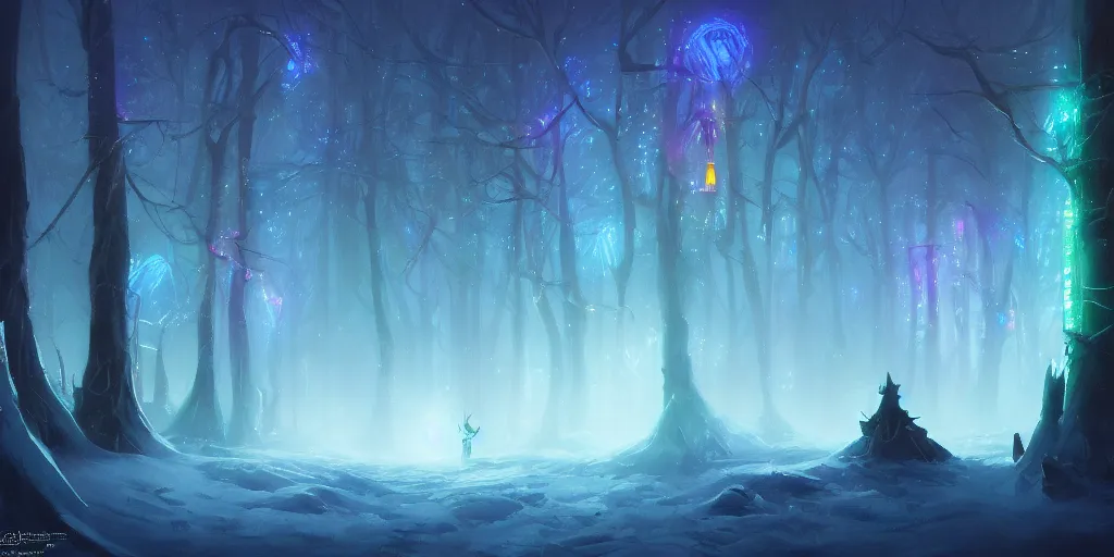 Prompt: beautiful concept art of a magical lights glowing with different colours everywhere in the centre of blizzard in an enchanted beautiful forest painted by Daisuke Tsutsumi, fantasy art, Disney art illustration, trending on artstation, cgsociety, nice composition, great fantasy mood