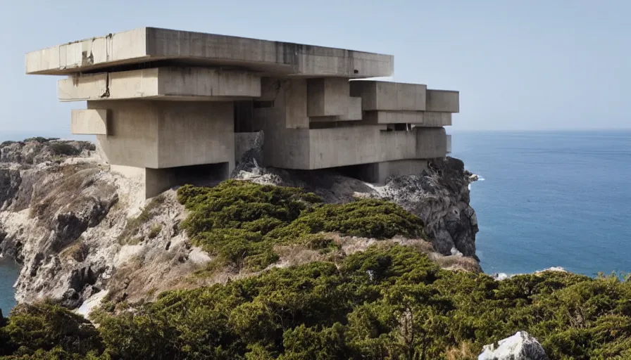 Prompt: big brutalist base perched on a cliff overlooking a magnificient bay, drawing architecture, pritzker architecture prize, greig fraser