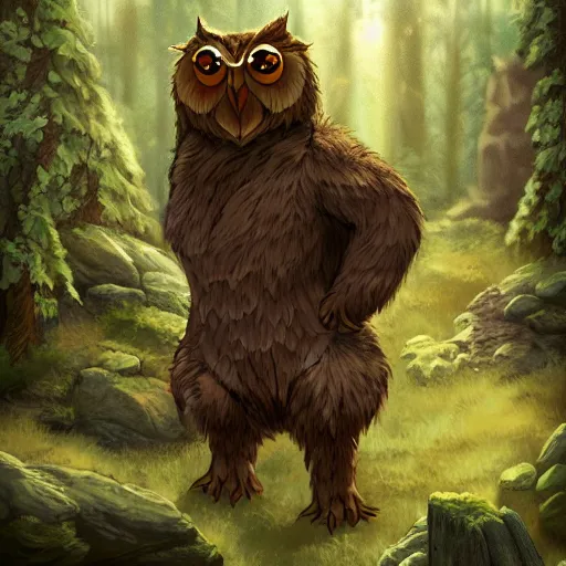 Prompt: three quarter portrait of an owlbear in the forest, d & d, fantasy, alexandre chaudret,