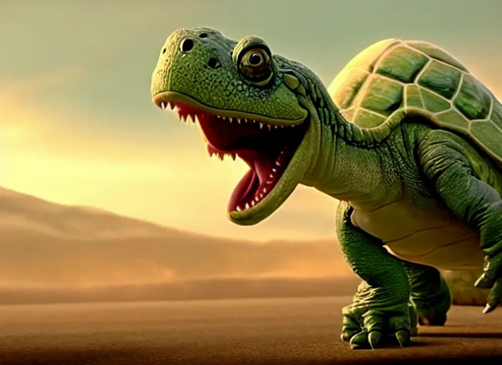 Image similar to film still of yoshi in the new sci - fi movie, cute upright dinosaur with a small turtle shell and long tongue, 8 k