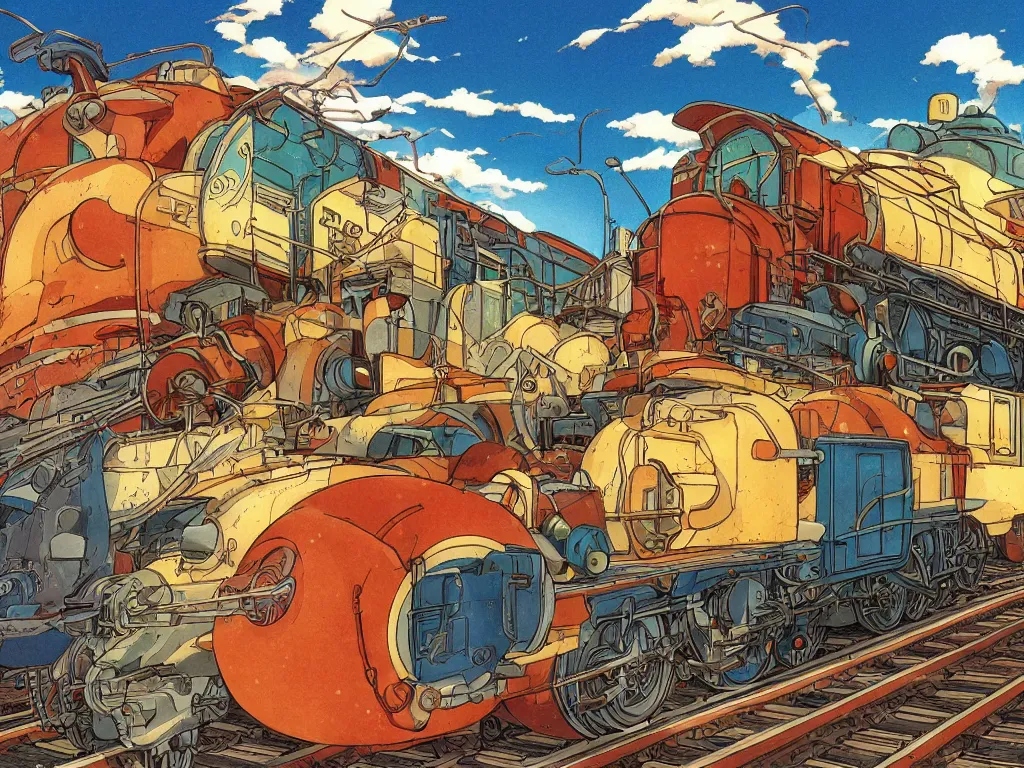 Prompt: cross - section close - up sideview of a anime train, autumn light, colorful, nausicaa of the valley of the wind, beautiful, by studio ghibli, digital art, concept art, manga, cute and adorable, illustration