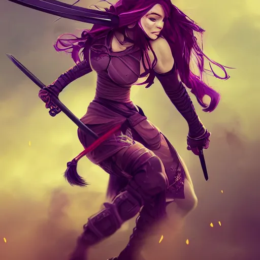 Image similar to beautiful female warrior with long purple hair and katana in epic fighting pose, highly detailed, trending on artstation, stylized, by WLOP