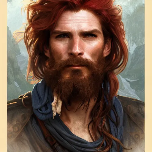 Image similar to portrait of a young ruggedly handsome but joyful pirate, male, masculine, upper body, red hair, long hair, d & d, fantasy, easy go happy personality, intricate, elegant, highly detailed, digital painting, artstation, concept art, matte, sharp focus, illustration, art by artgerm and greg rutkowski and alphonse mucha