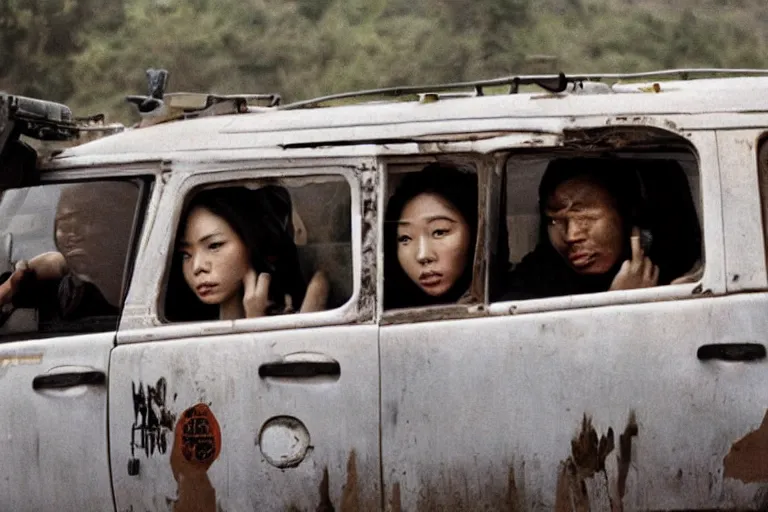 Image similar to movie diverse interracial team of Japanese robbers armed with rifles interior van, beautiful skin, Symmetrical faces. natural lighting by Emmanuel Lubezki